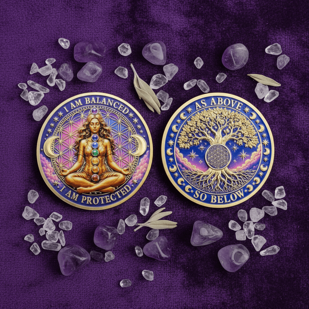 Two circular chakra-themed metal coins are displayed on a textured purple fabric background, surrounded by scattered purple crystals and dried leaves. The left coin depicts the third chakra with a meditating figure and the text 'I AM BALANCED' and 'I AM PROTECTED'.