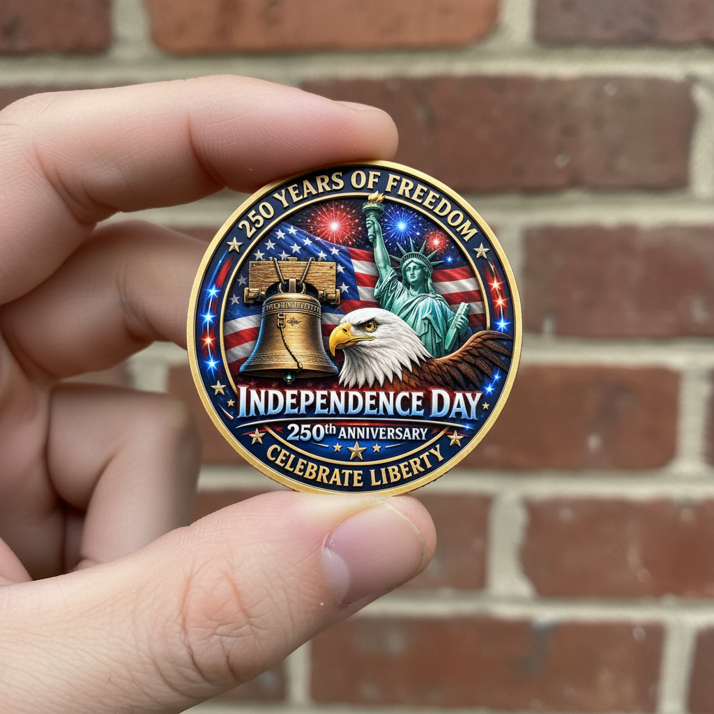 Hand holding Independence Day USA 250th anniversary collectible coin blue enamel gold rim patriotic commemorative collectible token lifestyle shot
