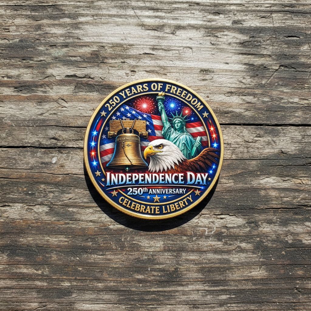 Independence Day USA 250th anniversary collectible coin lying flat on worn wooden surface natural daylight patriotic commemorative collectible token

