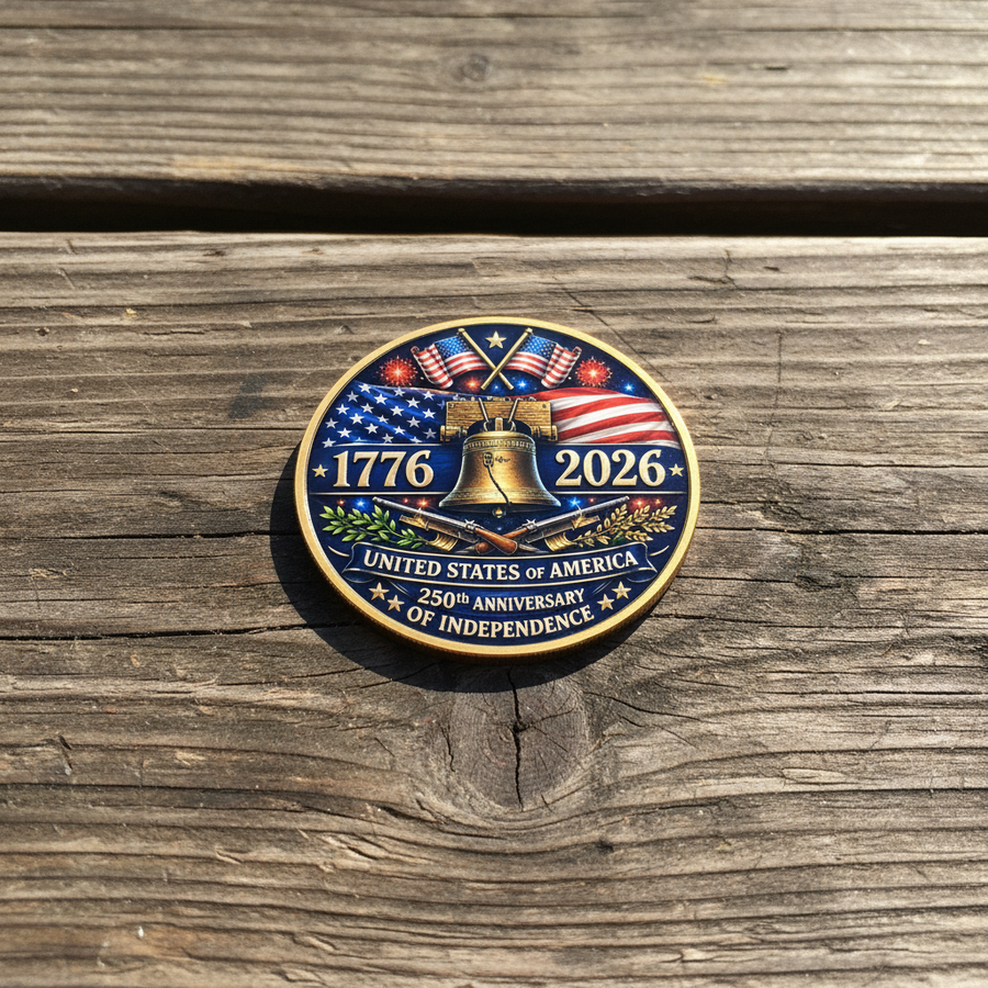 Independence Day coin reverse side lying flat on worn wooden surface natural daylight 1776 2026 Liberty Bell commemorative collectible token
