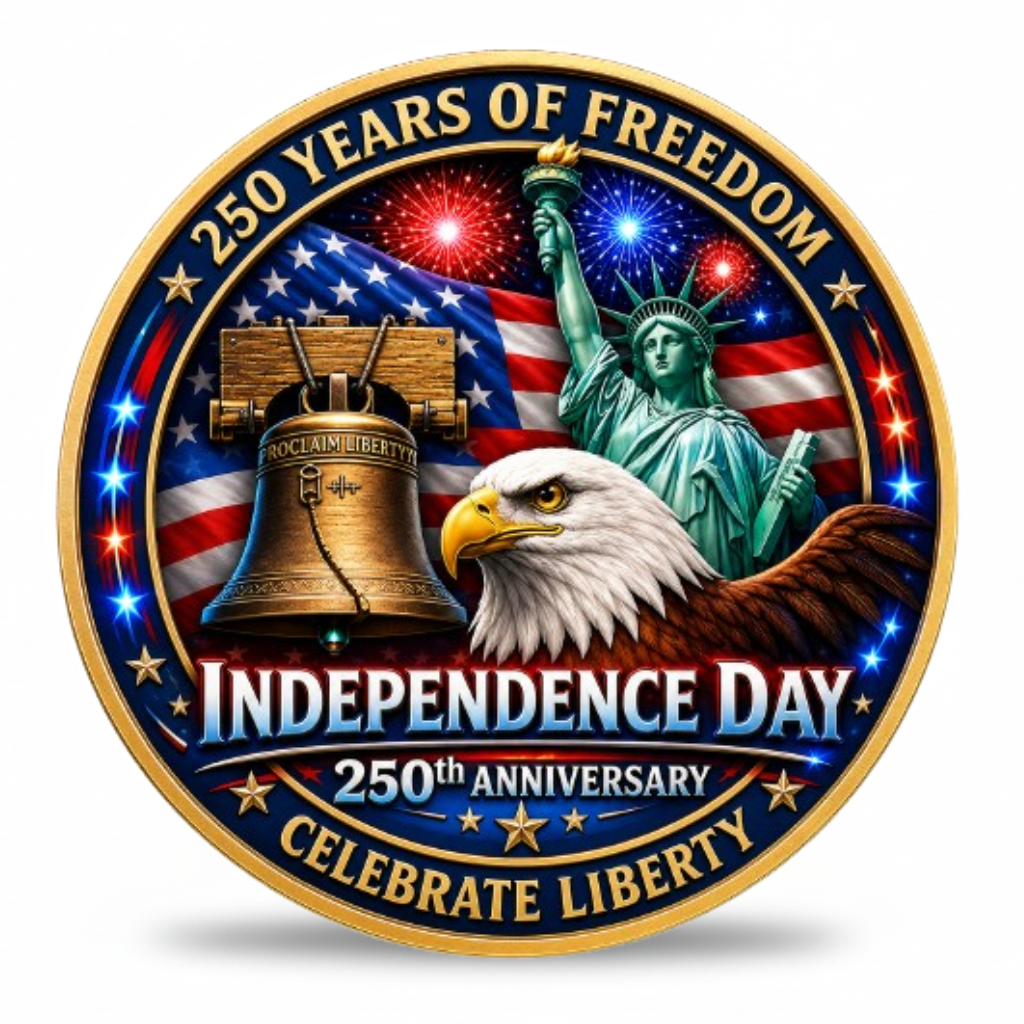 Independence Day USA 250th anniversary collectible coin featuring Bald Eagle Statue of Liberty Liberty Bell 250 Years of Freedom Celebrate Liberty blue enamel gold rim patriotic commemorative collectible token available at One More Coin store
