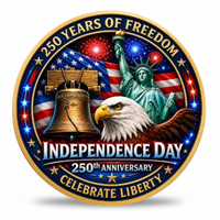 Independence Day USA 250th anniversary collectible coin featuring Bald Eagle Statue of Liberty Liberty Bell 250 Years of Freedom Celebrate Liberty blue enamel gold rim patriotic commemorative collectible token available at One More Coin store
