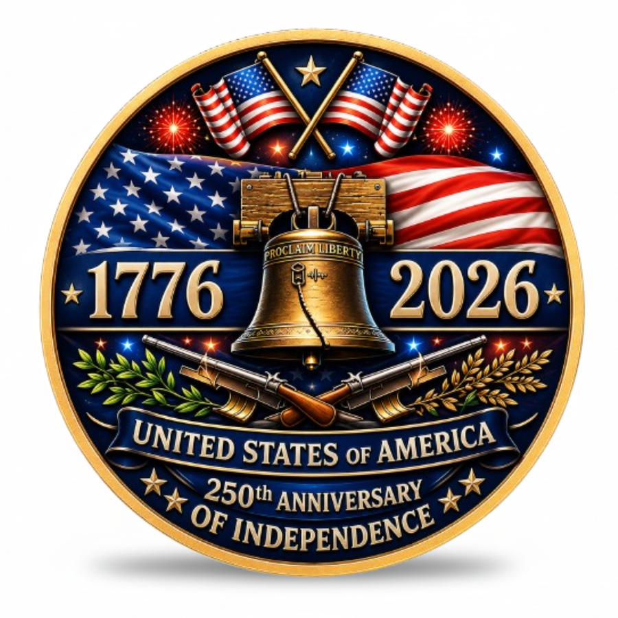 Independence Day coin reverse featuring Liberty Bell crossed American flags 1776 2026 United States of America 250th Anniversary of Independence blue enamel gold rim commemorative collectible token
