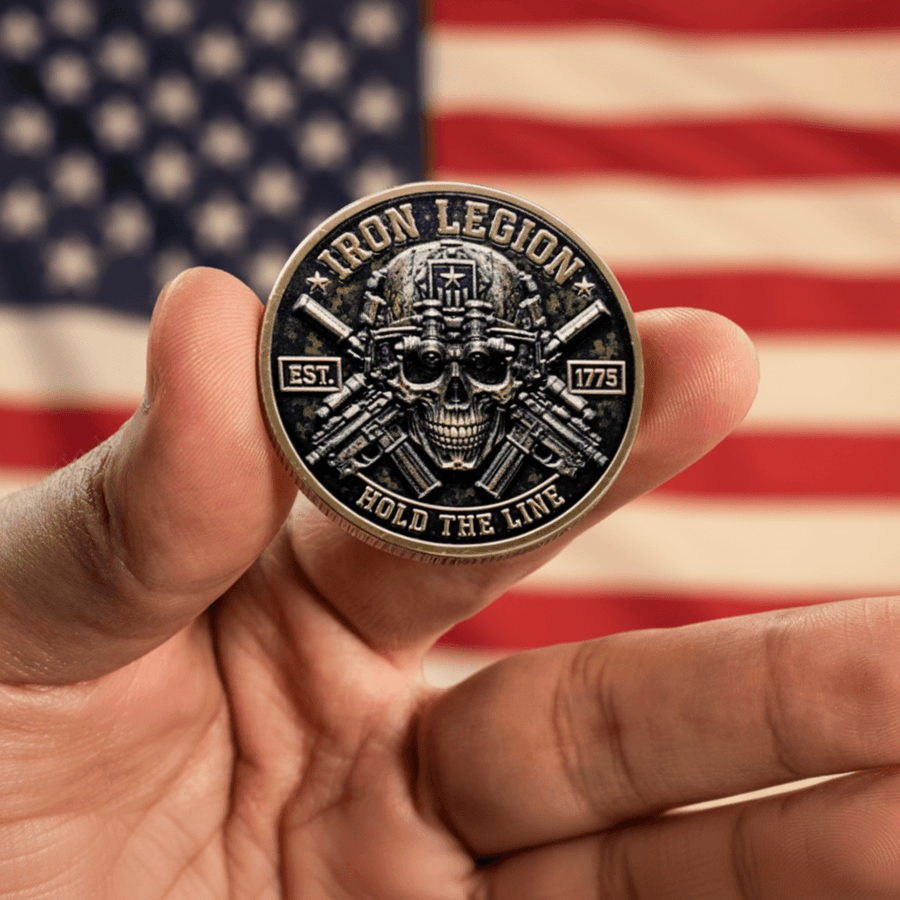 A close-up of a hand holding a round commemorative coin featuring a skull with a helmet and crossed rifles, with the text 'IRON LEGION' and 'HOLD THE LINE'. The background shows a blurred American flag.