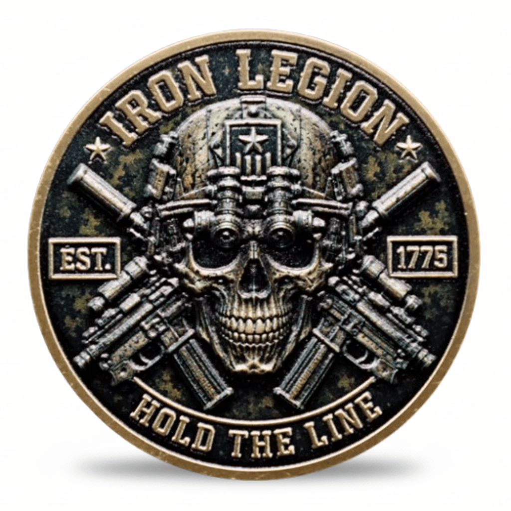Iron Legion skull military challenge coin with crossed rifles and Hold The Line inscription — collectible token available at One More Coin store
