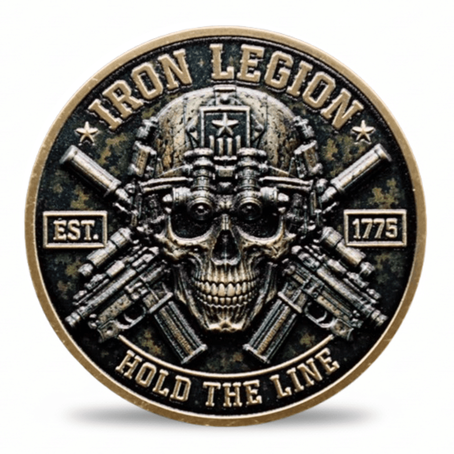 Iron Legion skull military challenge coin with crossed rifles and Hold The Line inscription — collectible token available at One More Coin store
