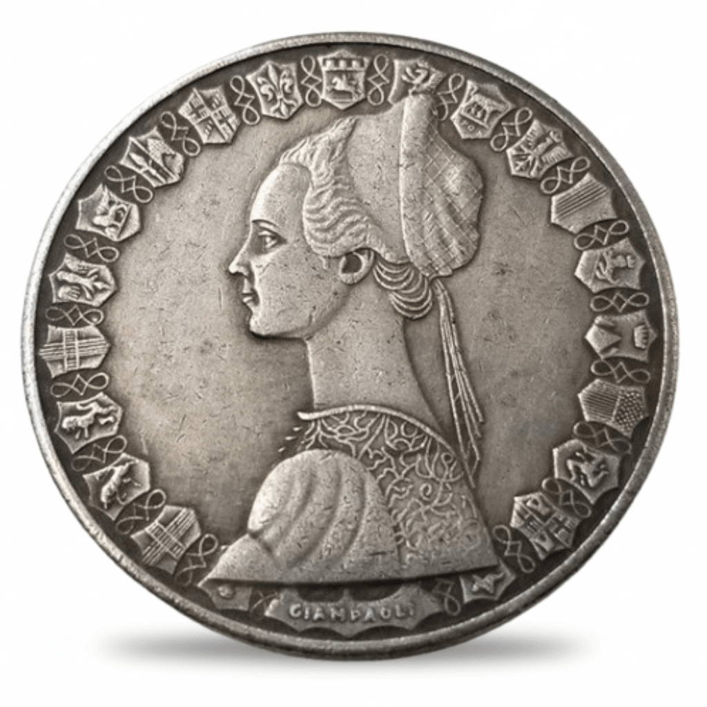 Italian 1958 500 Lire PROVA replica coin obverse Renaissance Italia portrait 20 regional heraldic shields Giampaoli collectible available at One More Coin store
