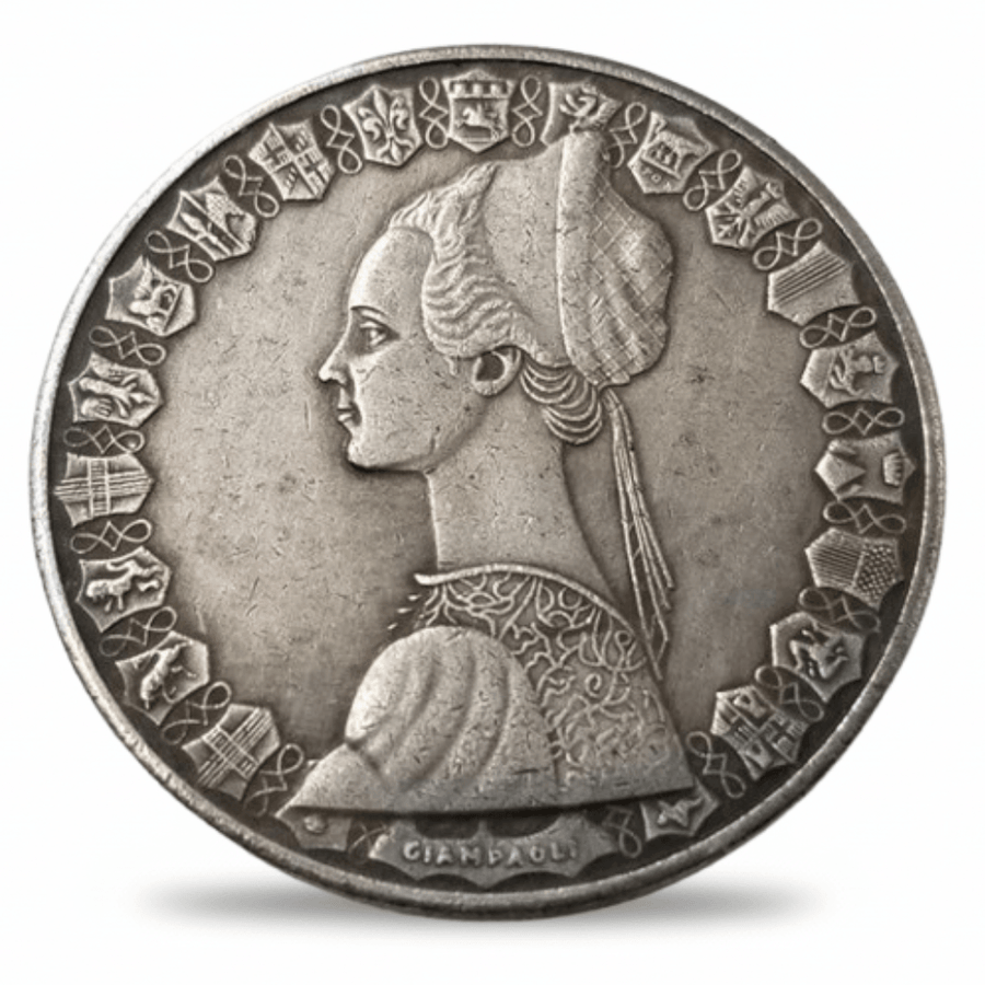 Italian 1958 500 Lire PROVA replica coin obverse Renaissance Italia portrait 20 regional heraldic shields Giampaoli collectible available at One More Coin store
