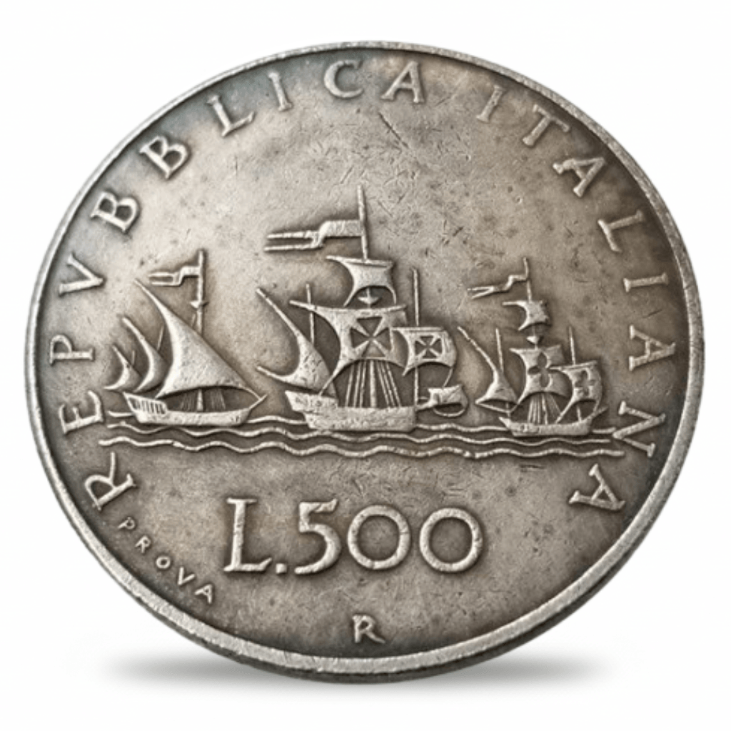 Italian 1958 500 Lire PROVA Columbus three caravels Nina Pinta Santa Maria reverse Repubblica Italiana historical collectible coin token
