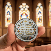 A hand holds a round silver-toned religious coin featuring the Bible verse Colossians 1:17, decorated with gold, green, and red floral details, with a blurred church interior and stained glass windows in the background.