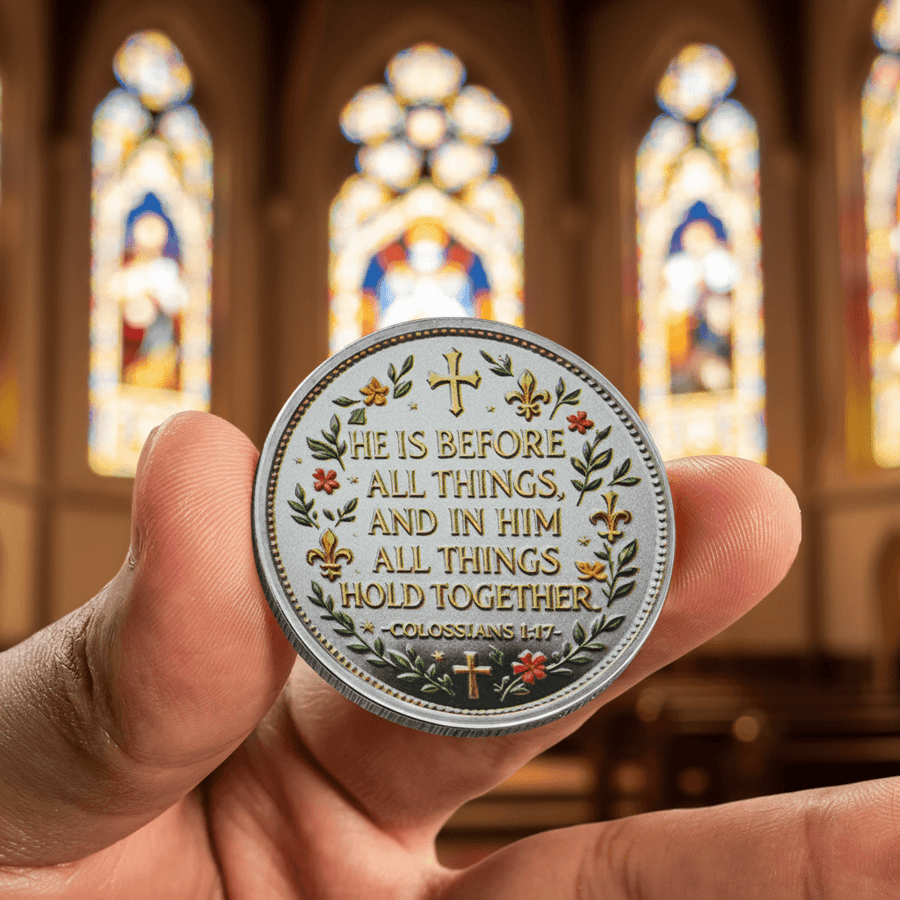 A hand holds a round silver-toned religious coin featuring the Bible verse Colossians 1:17, decorated with gold, green, and red floral details, with a blurred church interior and stained glass windows in the background.