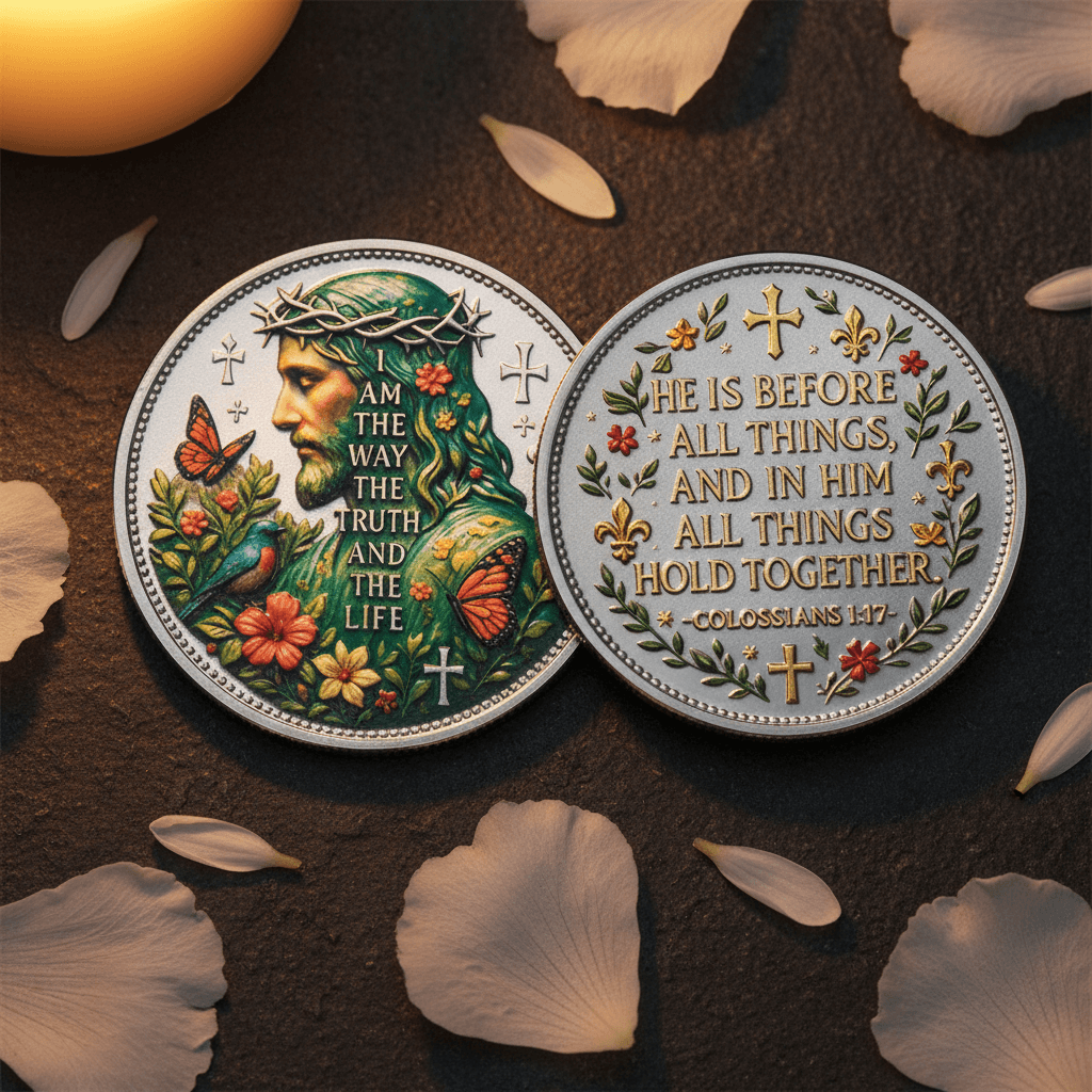 Two round religiouscoins displayed side by side on a dark textured surface with scattered flower petals. One coin shows a crowned head with floral and bird details and the text 'AM THE WAY THE TRUTH AND THE LIFE'.