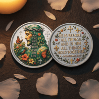 Two round religiouscoins displayed side by side on a dark textured surface with scattered flower petals. One coin shows a crowned head with floral and bird details and the text 'AM THE WAY THE TRUTH AND THE LIFE'.