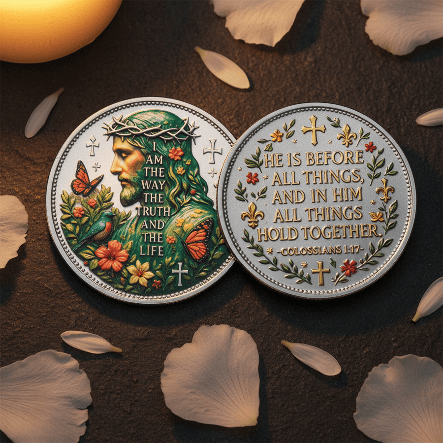 Two round religiouscoins displayed side by side on a dark textured surface with scattered flower petals. One coin shows a crowned head with floral and bird details and the text 'AM THE WAY THE TRUTH AND THE LIFE'.