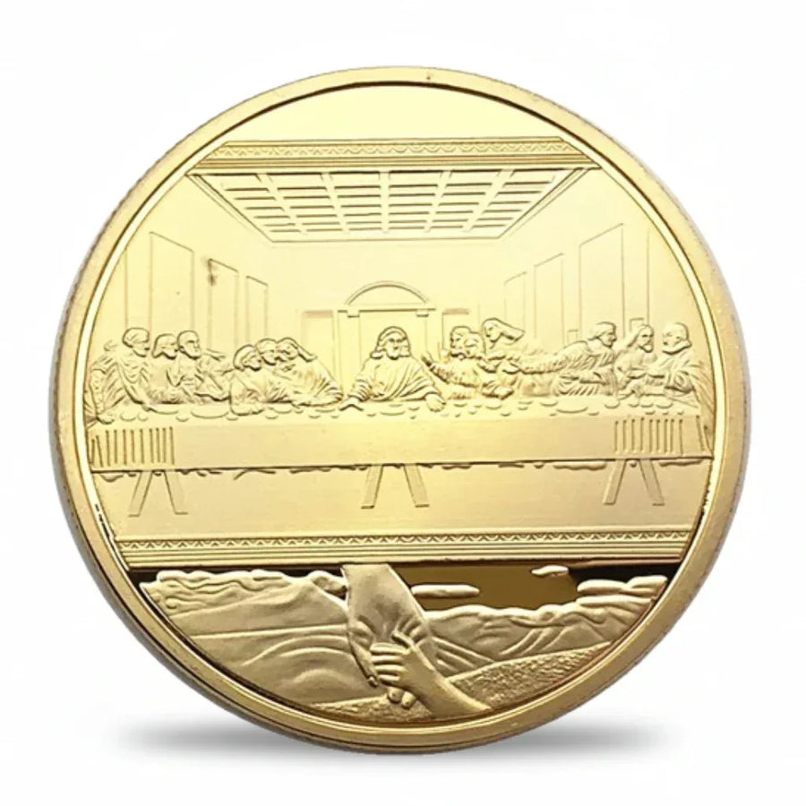 Jesus Last Supper commemorative coin gold finish Leonardo da Vinci Last Supper scene religious Christian collectible gift available at One More Coin store
