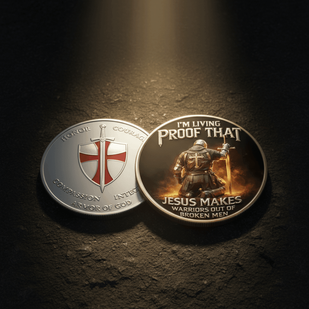 Two circular challenge coins displayed on a dark textured surface under dramatic spotlighting. One coin is silver-toned with a red and white cross emblem and the words 'TOLERANCE COURAGE COMPASSION INTEGRITY'.