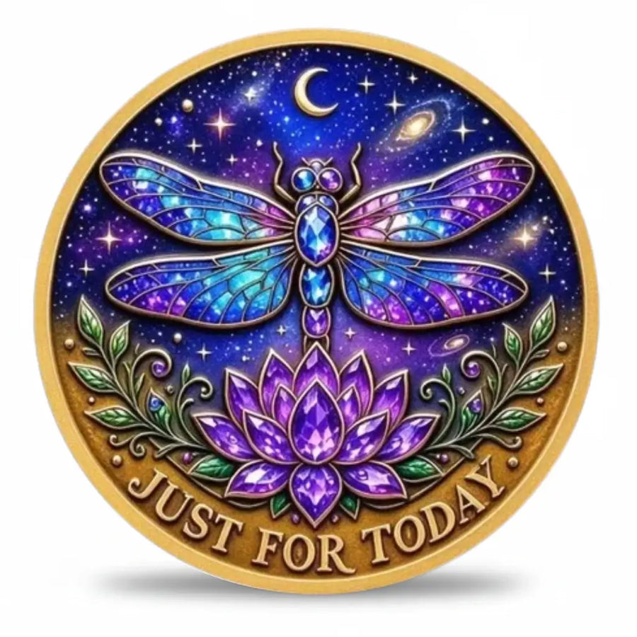 Gold-tone Just for Today coin showing a dragonfly with blue, turquoise and purple wings above a purple lotus, framed by green leaves and scrollwork. Stars, galaxies and a crescent moon fill the deep blue night-sky background above “JUST FOR TODAY,” available at One More Coin store