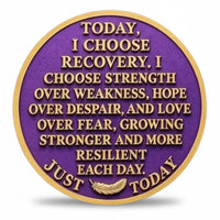 Recovery coin reverse with gold-tone lettering on a purple background, beginning “TODAY, I CHOOSE RECOVERY” and continuing with an affirmation about strength, hope, love and resilience. A gold-tone feather sits between “JUST” and “TODAY” along the lower border, collectible token