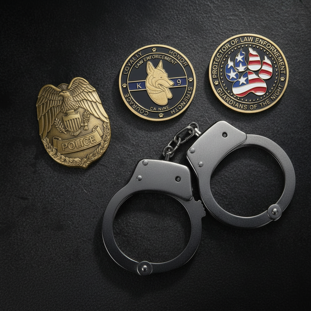 K9 law enforcement challenge coins laid flat with police props dark background moody lighting collectible token display
