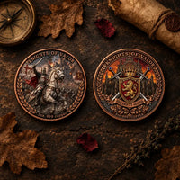 Two round commemorative coins for Knights of Valor, displayed side-by-side on a rustic dark wood surface with autumn leaves, a compass, and a rolled parchment scroll.