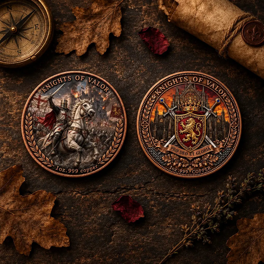 Two round commemorative coins for Knights of Valor, displayed side-by-side on a rustic dark wood surface with autumn leaves, a compass, and a rolled parchment scroll.
