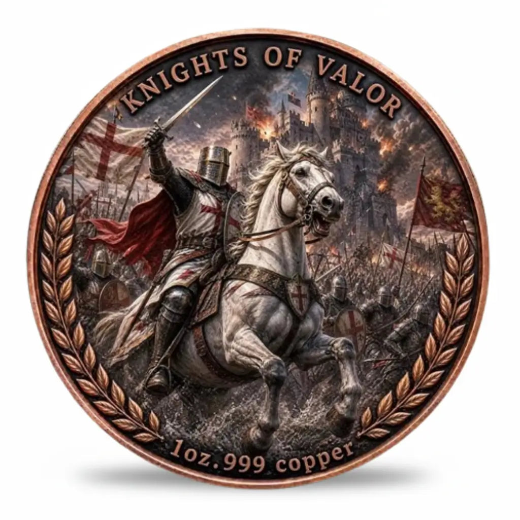 Knights of Valor copper coin front face Knights Templar warrior full plate armour white warhorse sword raised crusader cross red cape medieval army castle battle scene copper laurel wreaths historical military collectible available at One More Coin store