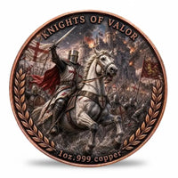 Knights of Valor copper coin front face Knights Templar warrior full plate armour white warhorse sword raised crusader cross red cape medieval army castle battle scene copper laurel wreaths historical military collectible available at One More Coin store