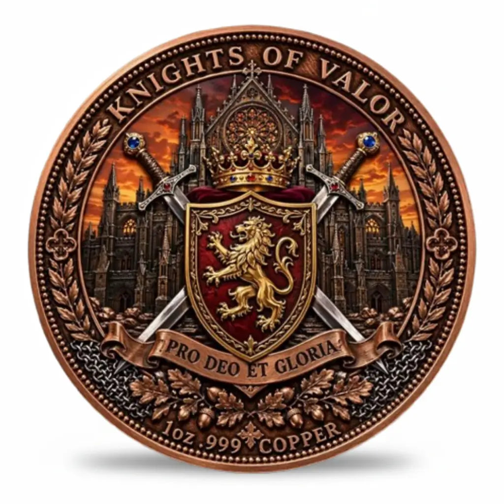 Knights of Valor copper coin reverse heraldic lion rampant crimson shield crossed jewelled longswords royal crown gothic cathedral Pro Deo Et Gloria scroll banner copper laurel oak leaf border historical military collectible token
