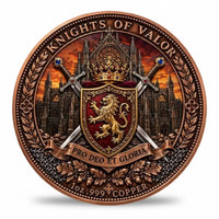 Knights of Valor copper coin reverse heraldic lion rampant crimson shield crossed jewelled longswords royal crown gothic cathedral Pro Deo Et Gloria scroll banner copper laurel oak leaf border historical military collectible token
