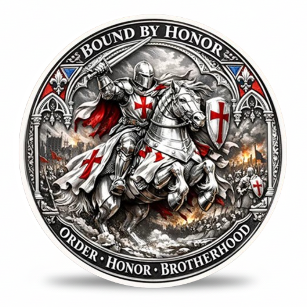 Knights Templar Call On Me Brother brotherhood oath collectible coin reverse face three armoured knights antique silver red enamel medieval collectible token
