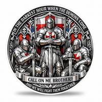 A circular silver-toned commemorative coin featuring three medieval knights in armor, with red cross motifs and engraved text reading 'IN THE DARKEST HOUR WHEN THE DEMONS COME' and 'CALL ON ME BROTHER AND WE WILL FIGHT THEM TOGETHER.'.
