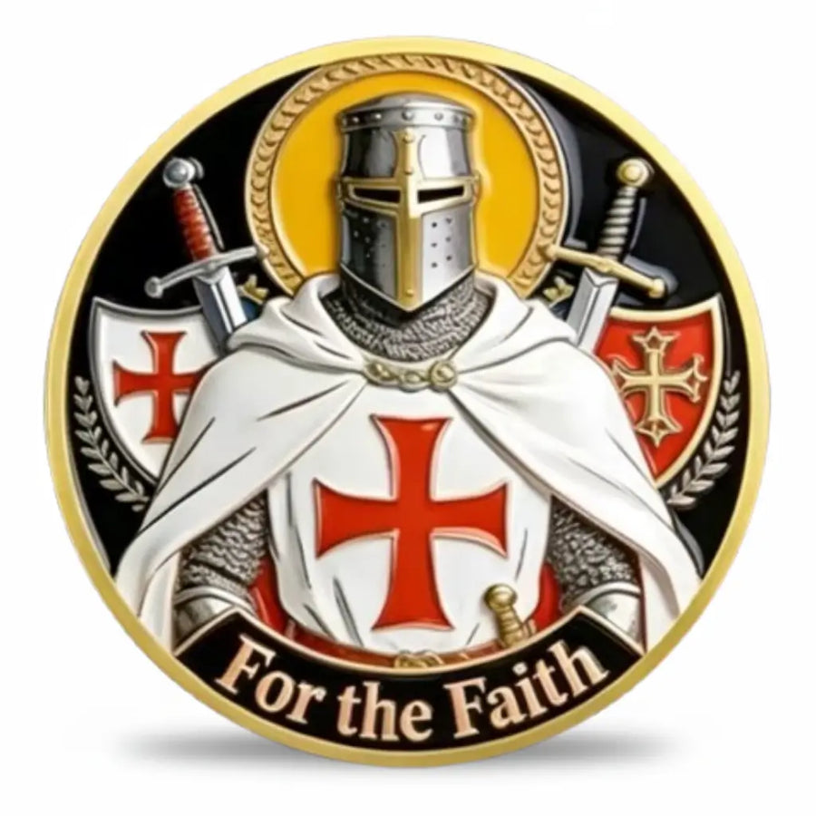 Knights Templar For the Faith coin front face silver great helm white surcoat red cross dual crossed swords Templar shield Jerusalem cross gold halo black enamel Christian collectible available at One More Coin store
