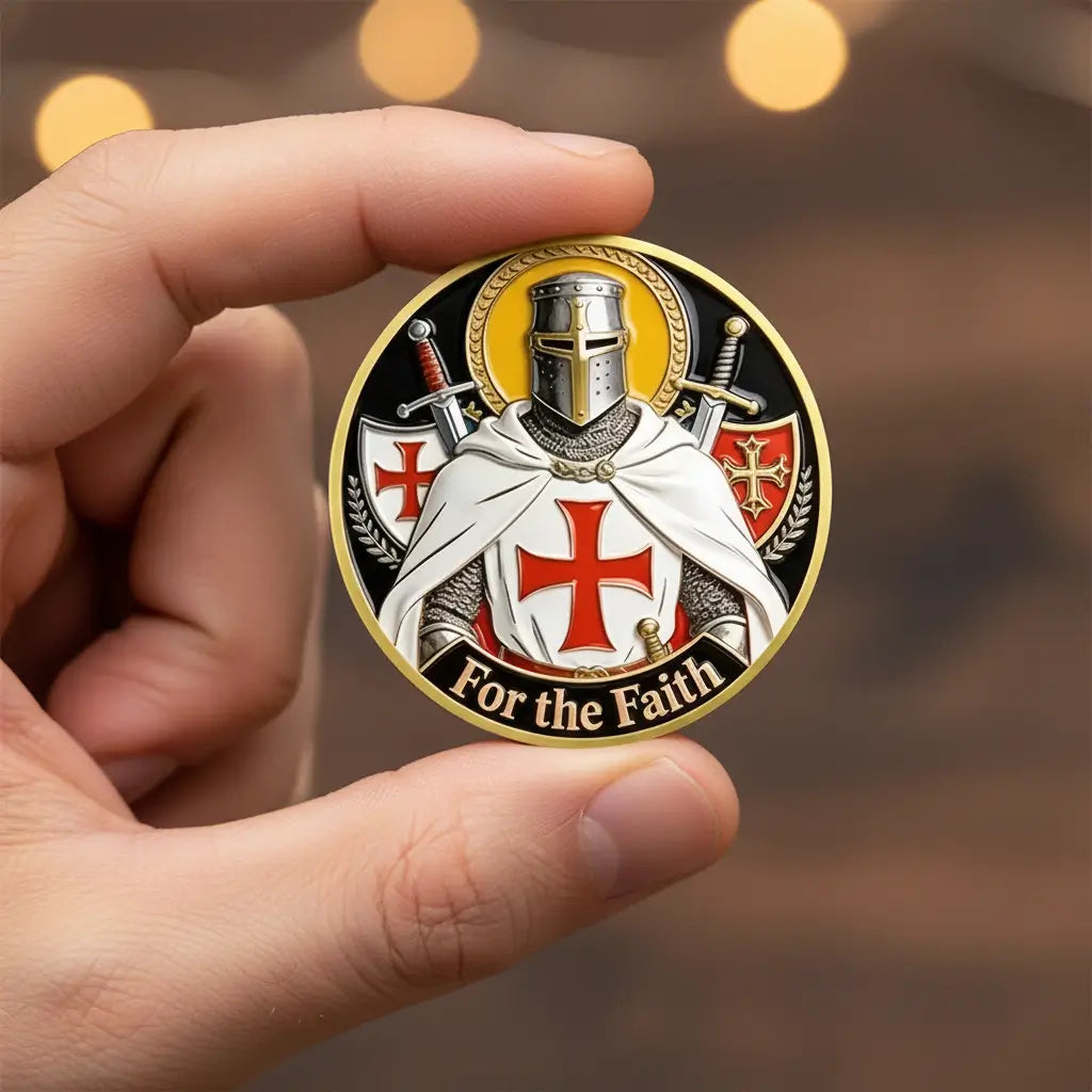 A hand holding a round commemorative coin featuring a medieval knight in armor with a white cape and red cross motif, with the words 'For the Faith' along the bottom, against a blurred warm background.