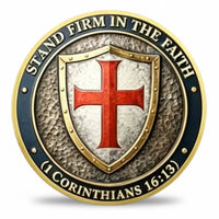 Knights Templar For the Faith coin reverse Templar kite shield red cross hammered silver stand firm in the faith 1 Corinthians 16 13 navy blue enamel Christian collectible token
