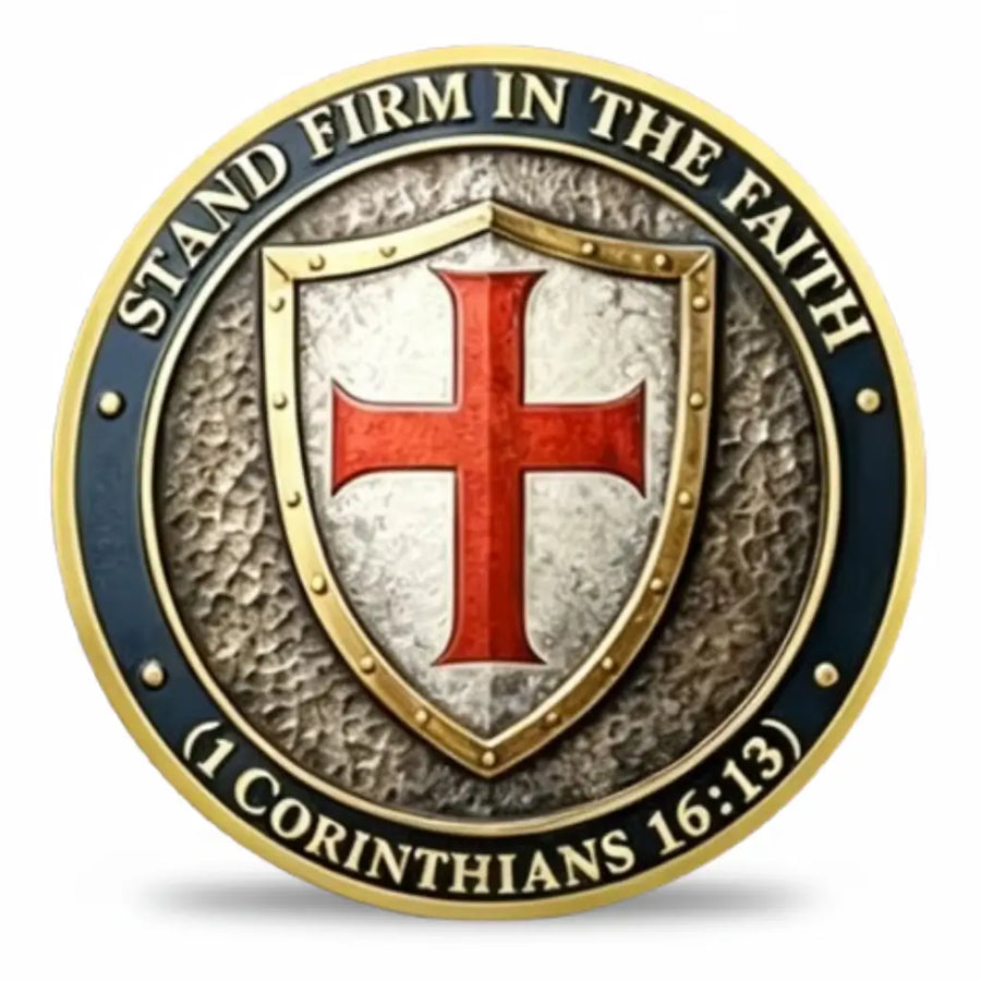 Knights Templar For the Faith coin reverse Templar kite shield red cross hammered silver stand firm in the faith 1 Corinthians 16 13 navy blue enamel Christian collectible token
