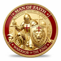 Knights Templar Man of Faith kneeling knight sword lion shield Jerusalem cross gold tone red enamel warrior of the king Christian collectible coin available at One More Coin store
