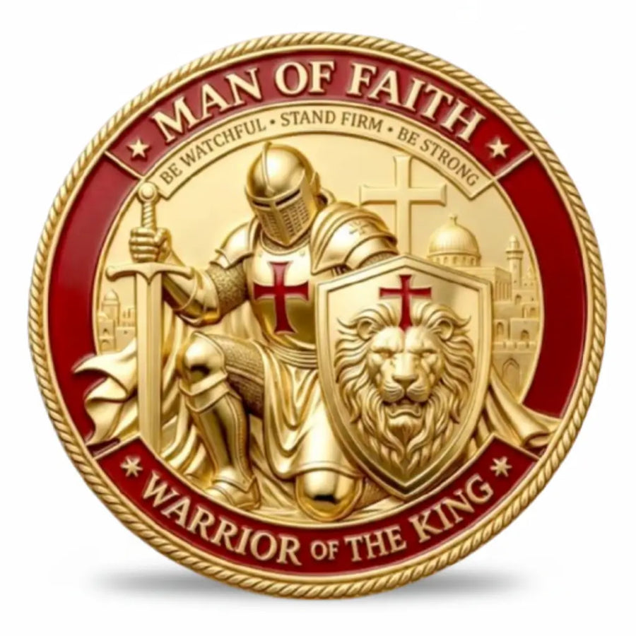 Knights Templar Man of Faith kneeling knight sword lion shield Jerusalem cross gold tone red enamel warrior of the king Christian collectible coin available at One More Coin store
