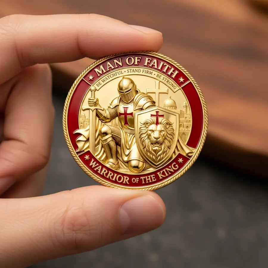 A close-up of a hand holding a round gold and red challenge coin featuring a knight with a cross, a lion shield, and the text 'MAN OF FAITH' and 'WARRIOR OF THE KING'.