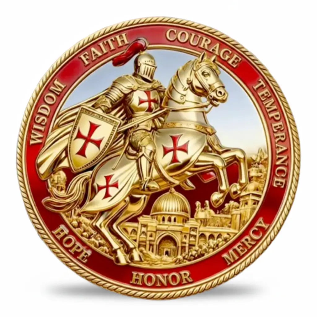 Knights Templar mounted warrior white horse Jerusalem Dome of the Rock wisdom faith courage honour mercy gold tone red enamel Christian collectible coin token
