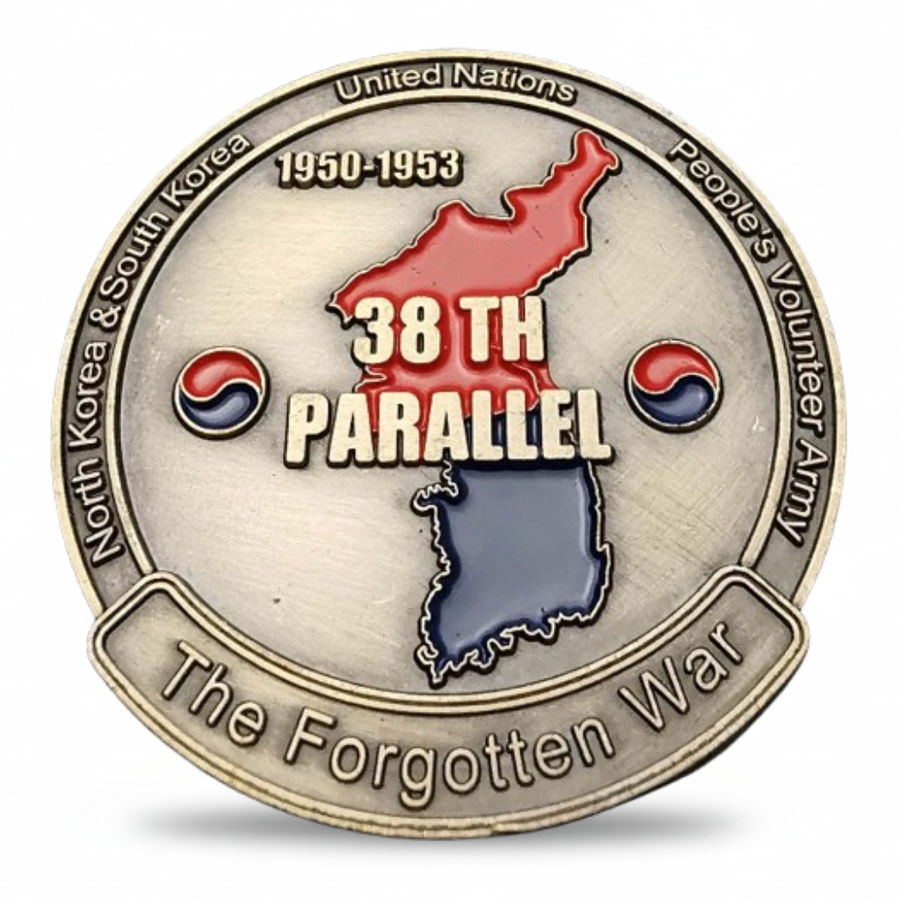 Korean War challenge coin 38th Parallel map 1950-1953 The Forgotten War commemorative collectible available at One More Coin store
