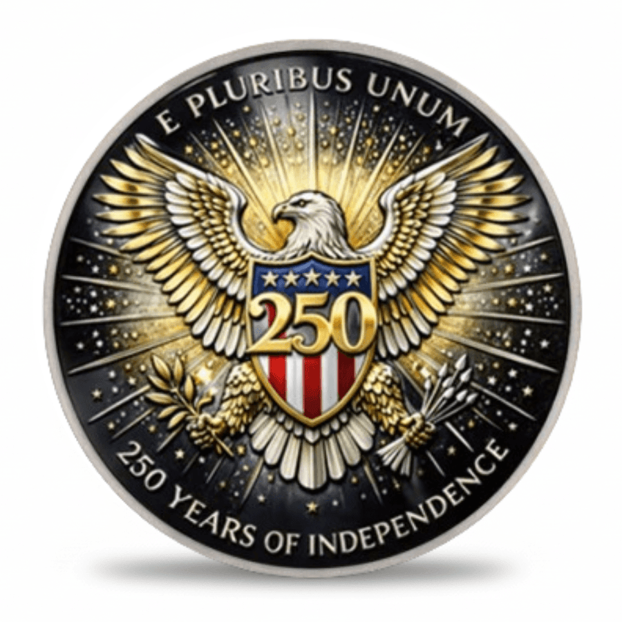 250 Years of Independence E Pluribus Unum bald eagle gold 250 shield commemorative coin reverse black enamel gold finish patriotic collectible
