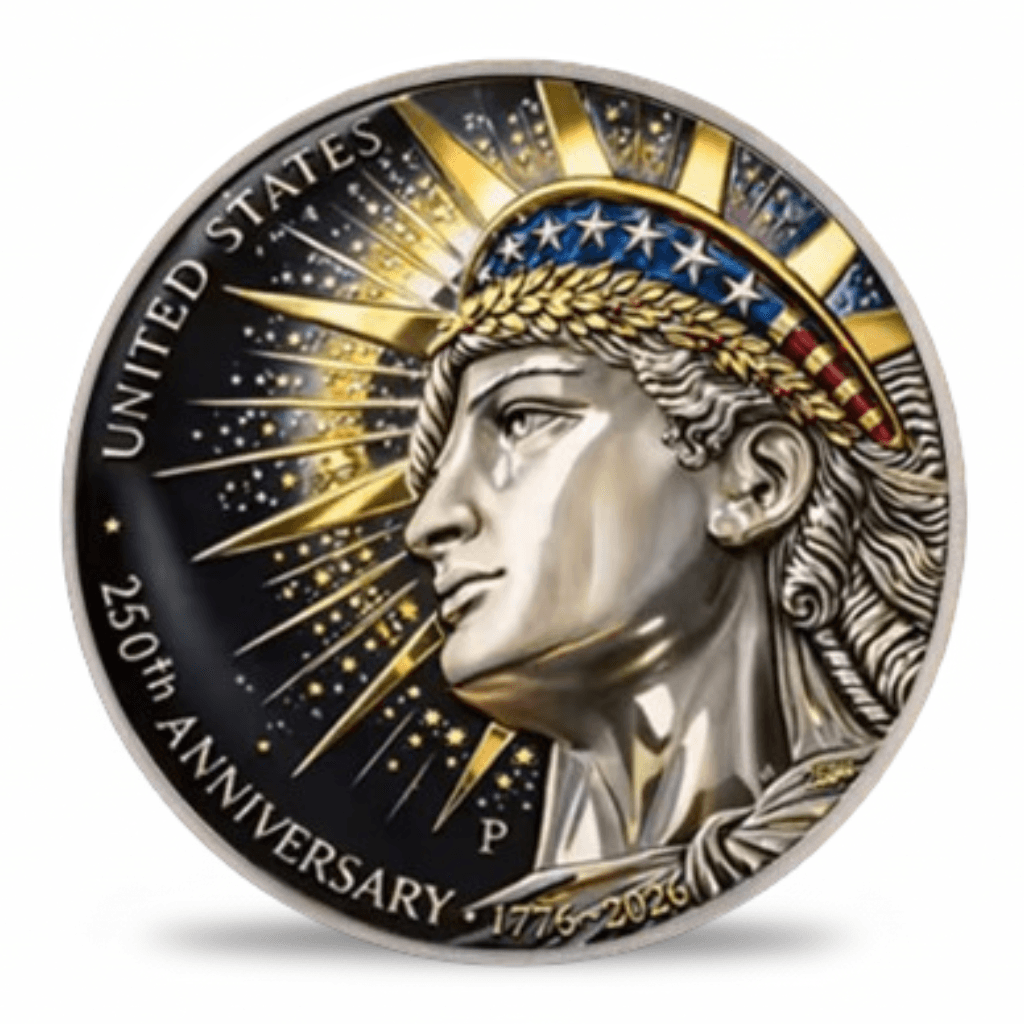 Lady Liberty United States 250th Anniversary 1776 2026 commemorative coin front portrait gold crown rays Stars and Stripes black enamel collectible available at One More Coin store
