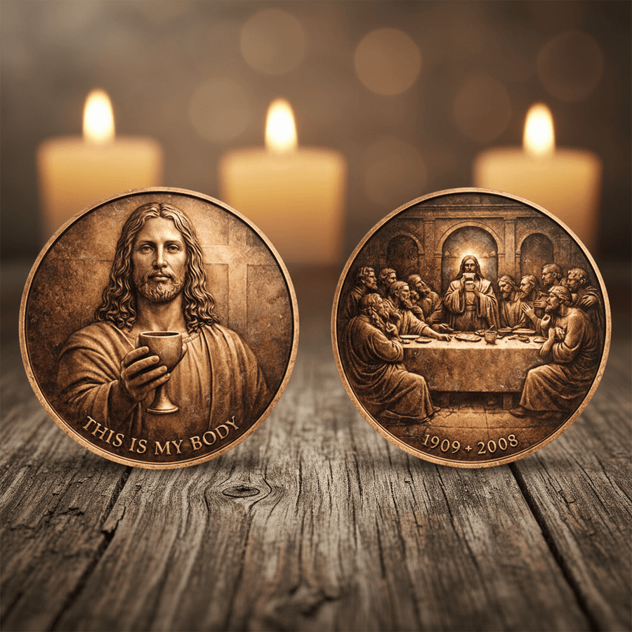 Last Supper Jesus collectible coin both sides antique copper relief This Is My Body chalice front Last Supper scene reverse Christian gift collectible
