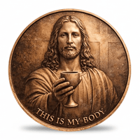 Jesus Christ chalice This Is My Body collectible coin front face antique copper relief stone cross Christian devotional collectible available at One More Coin store
