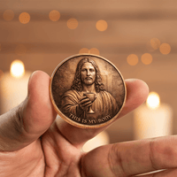 Hand holding Last Supper Jesus This Is My Body chalice collectible coin antique copper relief warm candlelight background Christian devotional gift
