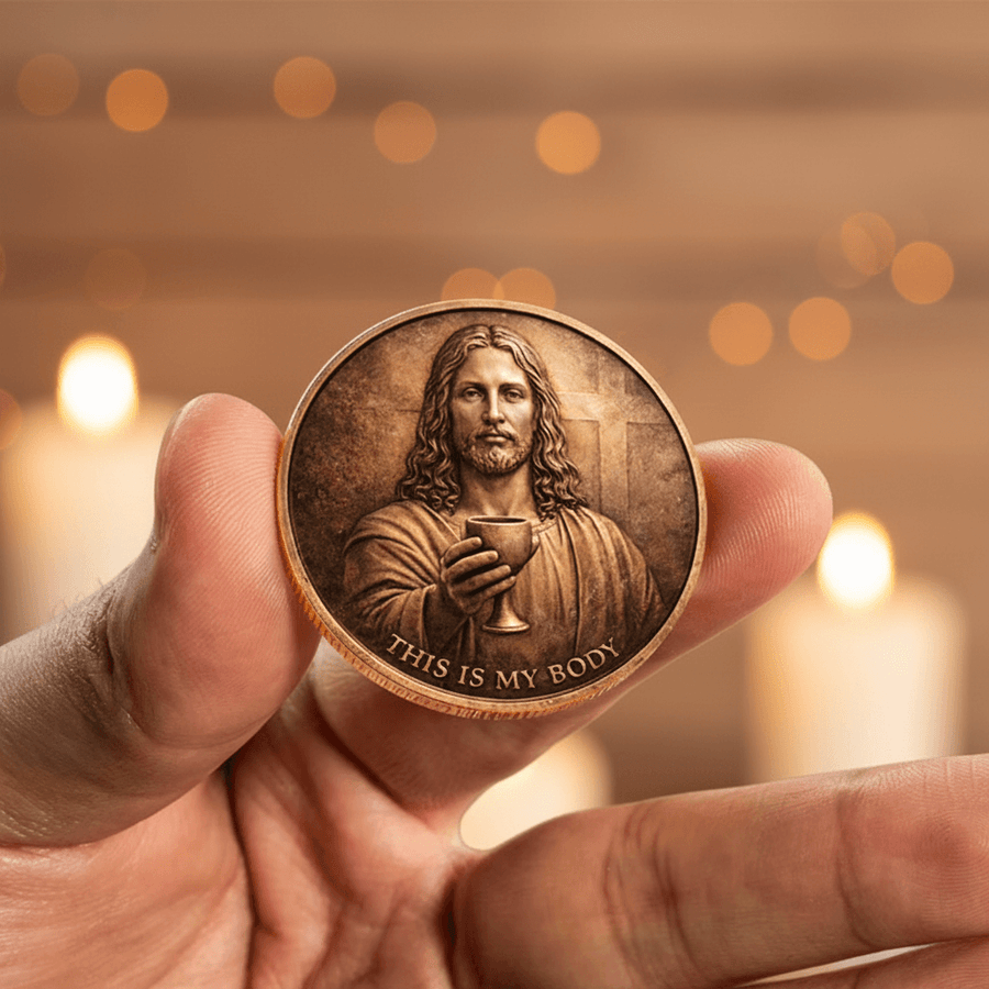 Hand holding Last Supper Jesus This Is My Body chalice collectible coin antique copper relief warm candlelight background Christian devotional gift
