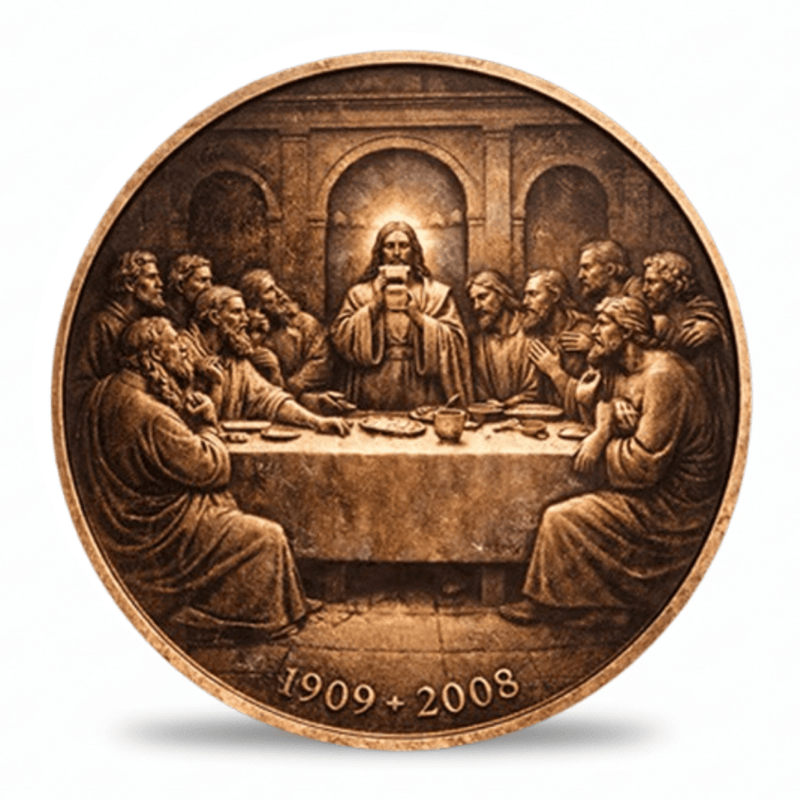 Last Supper scene 1909 + 2008 collectible coin reverse face Jesus apostles antique copper relief Christian religious collectible token gift
