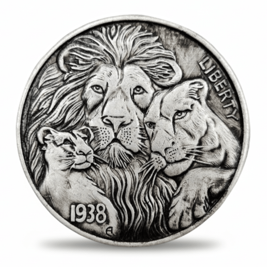 Lion family hobo nickel collectible coin antique silver male lion lioness and cub portrait wildlife gift for collectors available at One More Coin store
