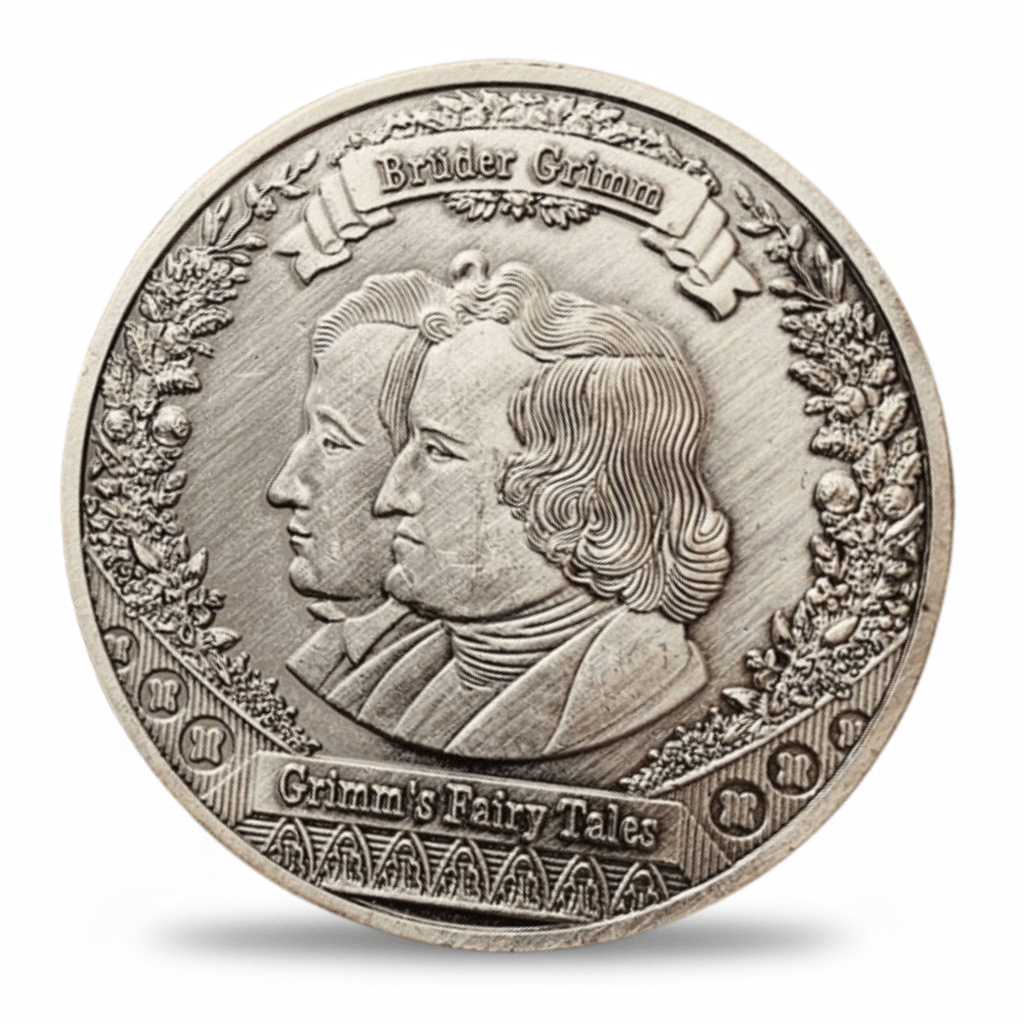Little Red Riding Hood collectible coin antique silver reverse featuring Brothers Grimm portrait with Bruder Grimm and Grimms Fairy Tales inscription collectible token
