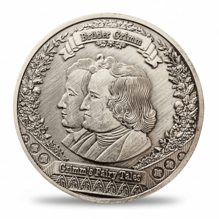 Little Red Riding Hood collectible coin antique silver reverse featuring Brothers Grimm portrait with Bruder Grimm and Grimms Fairy Tales inscription collectible token
